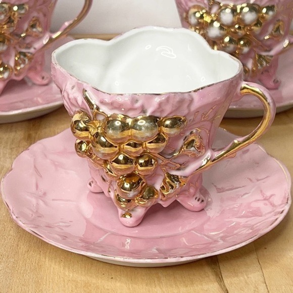 Pink & Gold‎ Lusterware Set of 5 Teacup & Saucer Victorian Luster Raised Grapes - Picture 3 of 16